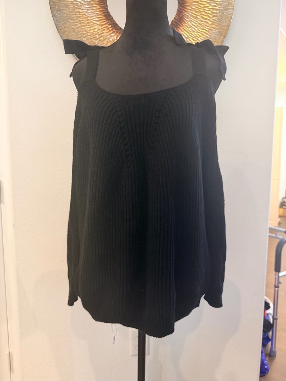 Black Knit Cold-Shoulder Sweater with Tie Straps
